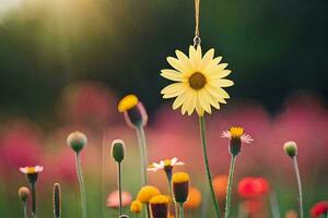 yellow flower hanging from a string in a field. AI-Generated photo