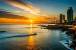 el Dom sube terminado el Oceano en el antecedentes de esta foto. generado por ai foto