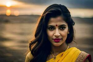 a beautiful indian woman in a yellow sari. AI-Generated photo