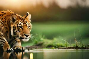 a tiger walking across the water in the grass. AI-Generated photo