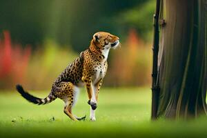 a cheetah is standing on the grass near a tree. AI-Generated photo