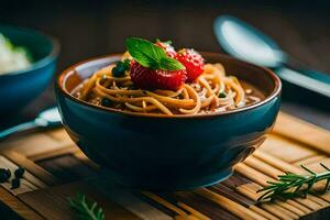 spaghetti with meat sauce and fresh strawberries in a bowl. AI-Generated photo