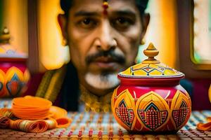a man with a beard and a turban sits in front of a colorful pot. AI-Generated photo