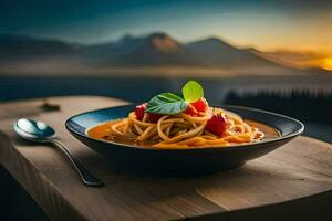 un plato de espaguetis con tomate y albahaca en un de madera mesa. generado por ai foto