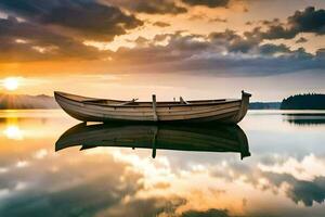 un barco es sentado en el agua a puesta de sol. generado por ai foto