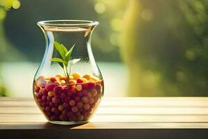 a small plant is growing in a vase filled with red berries. AI-Generated photo