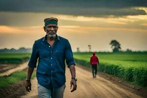a man walking down a dirt road with a green field in the background. AI-Generated photo