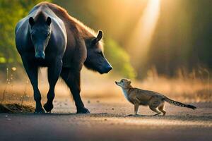 a cat and a horse standing on a road. AI-Generated photo