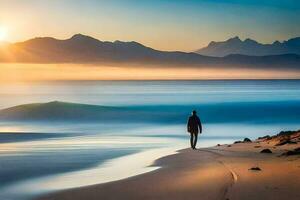 a man walks along the beach at sunset. AI-Generated photo