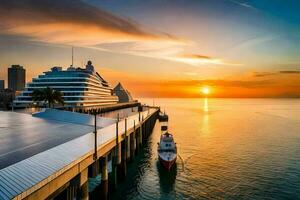 the sun sets over the water and a cruise ship. AI-Generated photo