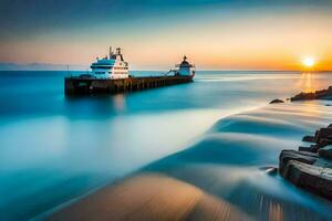 a boat is docked at the end of a pier at sunset. AI-Generated photo