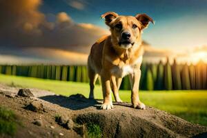 un perro en pie en un rock en el medio de un campo. generado por ai foto