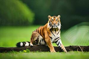 a tiger sitting on a log in the grass. AI-Generated photo