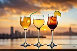 three glasses of wine and cocktails on a table with a sunset in the background. AI-Generated photo