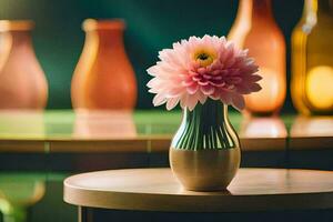 a pink flower is sitting in a vase on a table. AI-Generated photo