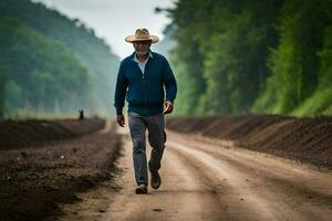 a man in a cowboy hat walks down a dirt road. AI-Generated photo