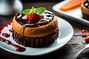 un chocolate pastel con fresas y chocolate salsa. generado por ai foto