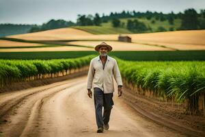 a man walking down a dirt road in front of a field of sugar cane. AI-Generated photo