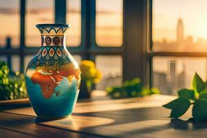 a vase with a world map on it sitting on a table. AI-Generated photo