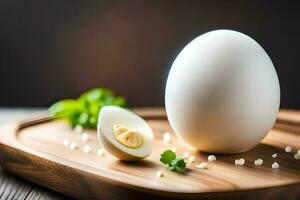 a hard boiled egg on a cutting board. AI-Generated photo