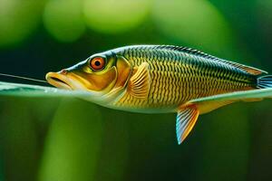 un pescado con un largo cola es flotante en un hoja. generado por ai foto