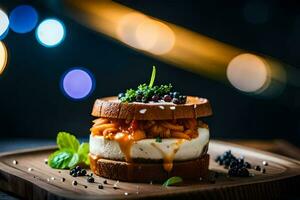 a sandwich with cheese and vegetables on a wooden board. AI-Generated photo