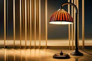 a lamp is sitting on a table in front of a window. AI-Generated photo