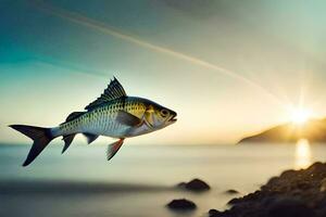 un pescado saltando fuera de el agua a puesta de sol. generado por ai foto