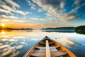 un canoa es flotante en un calma lago a puesta de sol. generado por ai foto