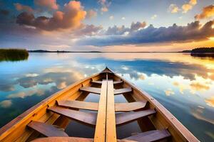 a boat is sitting on the water at sunset. AI-Generated photo