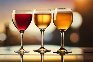 three glasses of different colored drinks on a table. AI-Generated photo