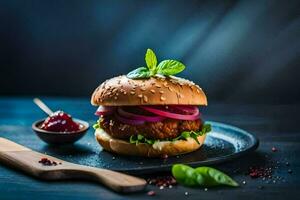 a hamburger with onions and red peppers on a black plate. AI-Generated photo