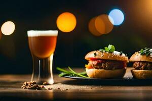 dos hamburguesas en un plato con un cerveza. generado por ai foto