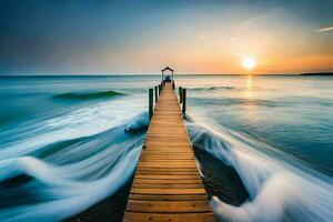 a long exposure photo of a pier in the ocean. AI-Generated