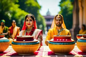 a bride and groom in traditional indian attire. AI-Generated photo