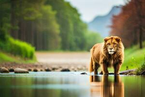 a lion standing in the water near a river. AI-Generated photo