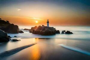 a lighthouse stands on the shore of a beach at sunset. AI-Generated photo