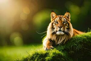 a tiger is laying on the grass in the sunlight. AI-Generated photo