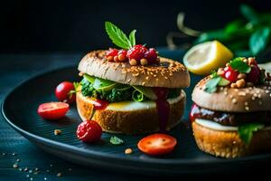 two hamburgers with vegetables and berries on a plate. AI-Generated photo