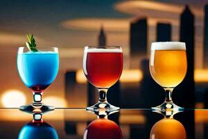 three different drinks in glasses on a table. AI-Generated photo