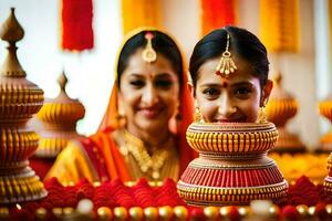 dos mujer en tradicional indio atuendo son sonriente. generado por ai foto