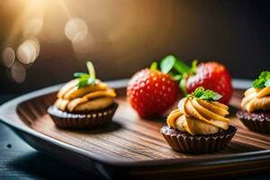 Tres chocolate magdalenas con fresas en un de madera lámina. generado por ai foto