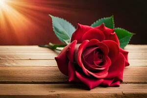 a red rose on a wooden table with sun in the background. AI-Generated photo