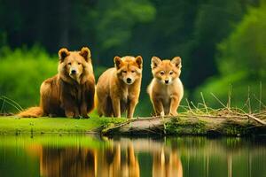 three brown dogs standing on a log by a lake. AI-Generated photo