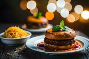 un plato con un hamburguesa y algunos fideos. generado por ai foto