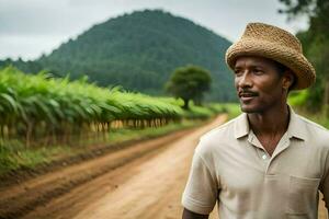 a man in a straw hat stands on a dirt road. AI-Generated photo
