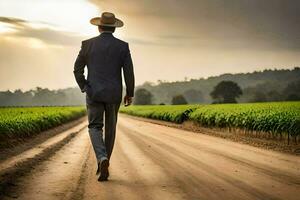 a man in a suit and hat walking down a dirt road. AI-Generated photo