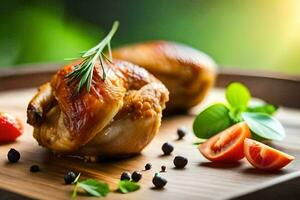 two chicken breasts on a wooden cutting board with tomatoes and herbs. AI-Generated photo