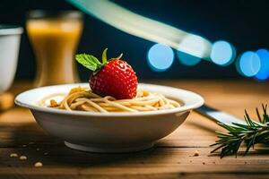 a bowl of pasta with a strawberry on top. AI-Generated photo