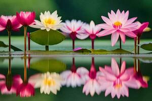 pink and white lotus flowers are reflected in the water. AI-Generated photo